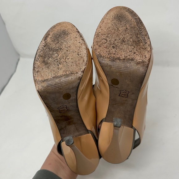 BCBG MaxAzria Tan Patent Leather Peep Toe Elastic Strap Heels - Picture 6 of 6